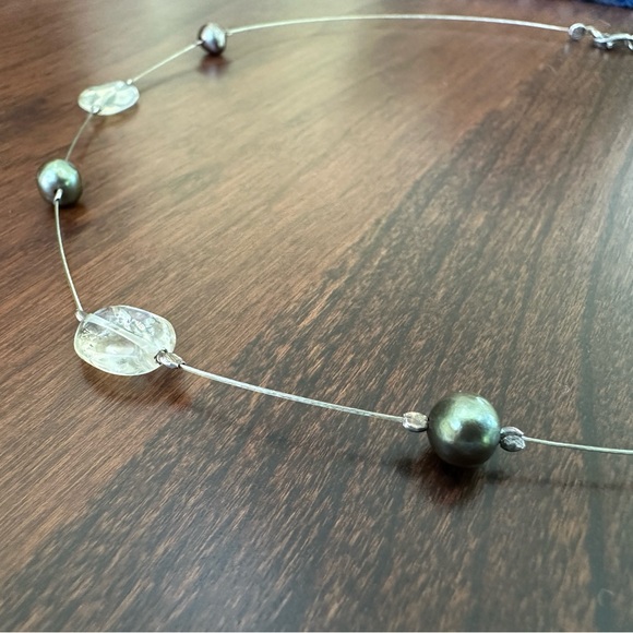 Wire Necklace with Citrine, Green/Bronze Freshwater Pearls - Picture 2 of 5